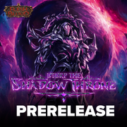 Usurp the Shadow Throne Prerelease Event - Murray - Dark armored figure with glowing purple accents standing in a swirling purple and pink cosmic background, "Usurp the Shadow.