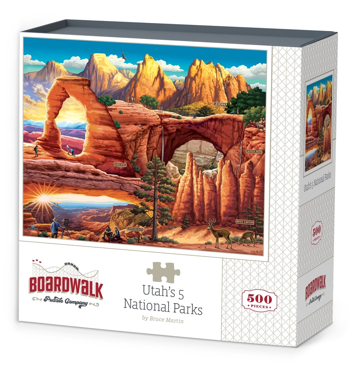 Boardwalk 500 Piece Puzzle: Utah's 5 National Parks - 500-piece puzzle box featuring colorful Utah desert landscapes with rock arches and spires.