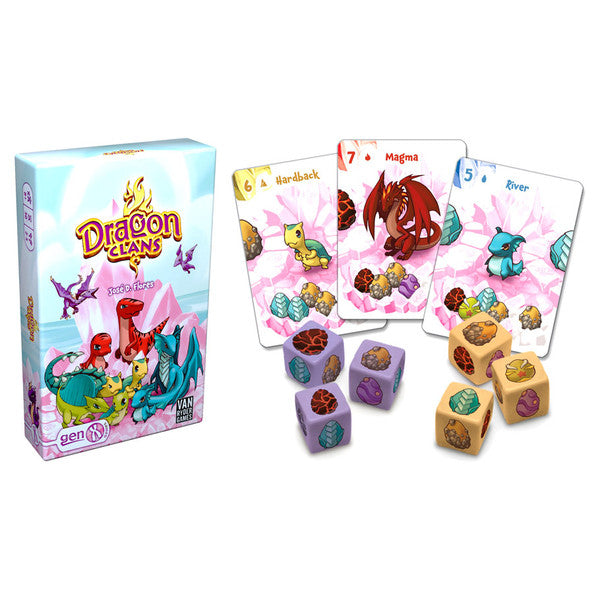 Dragon Clans - Dragon Clans card game with colorful dragon-themed cards and six dice in purple and beige featuring dragon symbols.