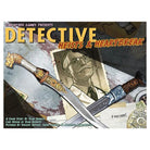Detective: Heists & Heartbreak - Detective board game box with illustrated vintage knifes and sepia-toned photo of a man in glasses on a gray textured.
