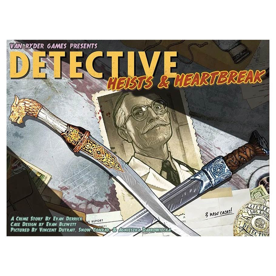 Detective: Heists & Heartbreak - Detective board game box with illustrated vintage knifes and sepia-toned photo of a man in glasses on a gray textured.