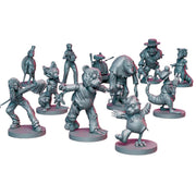 Final Girl: Bad Times at Buddyland Miniatures - Set of ten detailed gray plastic miniatures depicting characters in dynamic, action poses for tabletop gaming expansion.