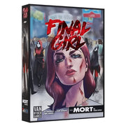 Final Girl: Shriek - Board game box featuring a close-up of a determined woman with red hair and blood splatter, dark shadowy figures in the.