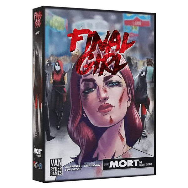 Final Girl: Shriek - Board game box featuring a close-up of a determined woman with red hair and blood splatter, dark shadowy figures in the.