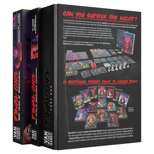 Final Girl: Bad Times at Buddyland Starter Set - Black game boxes with red and white text titled Final Girl, featuring horror-themed artwork and game components like cards.