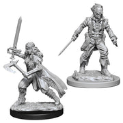 D&D Nolzur's Marvelous Miniatures: Vampire Hunters - Two detailed gray plastic miniatures; one wields a sword and shield with a flowing cape, the other holds a dagger, dressed.