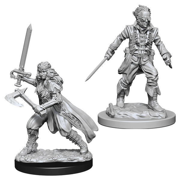 D&D Nolzur's Marvelous Miniatures: Vampire Hunters - Two detailed gray plastic miniatures; one wields a sword and shield with a flowing cape, the other holds a dagger, dressed.