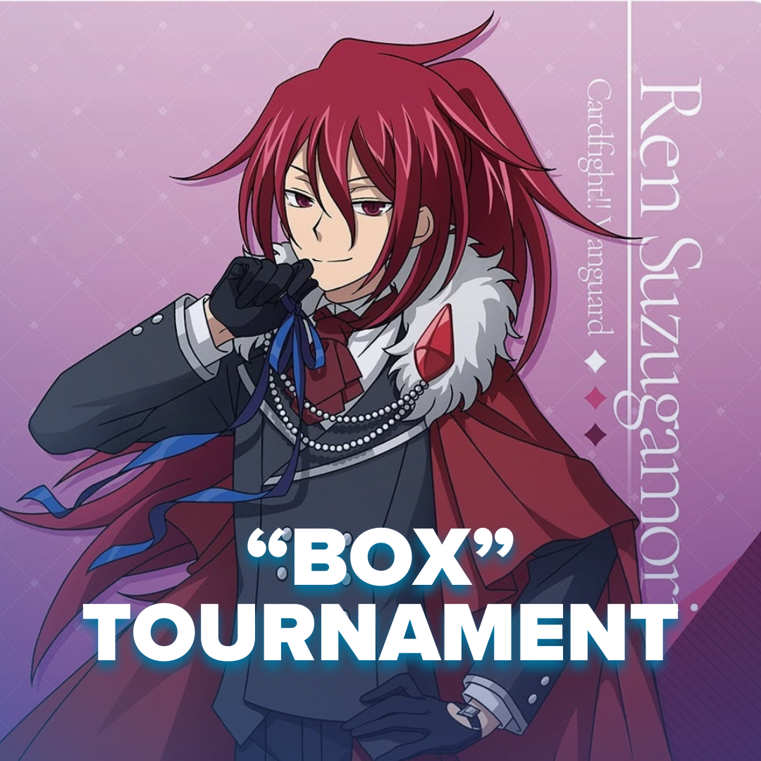 Cardfight Vanguard Standard “Box” Tournament - September 19th - Anime-style character with red hair, wearing a dark blue and red cape, set against a purple background with white text.