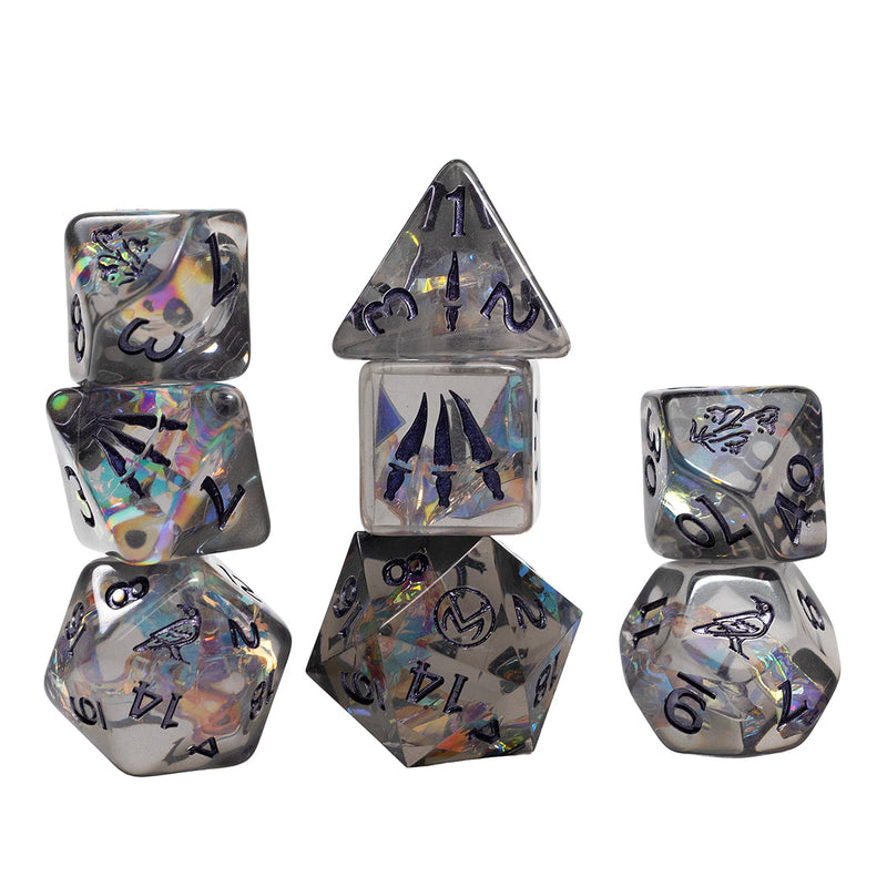 Sirius Dice: Vox Machina Adventure Dice - Grog Strongjaw (PREORDER) - Translucent gray polyhedral dice set with black numbers and iridescent blue and purple accents, featuring symbols inspired.