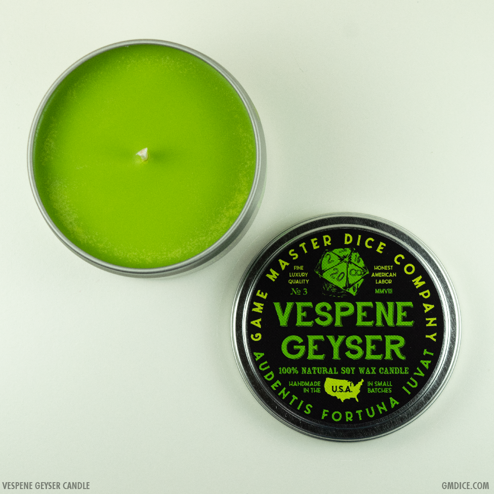 Vespene Geyser Gaming Candle - Round metal tin candle with bright green wax and black lid featuring green and yellow gaming-themed design and text.
