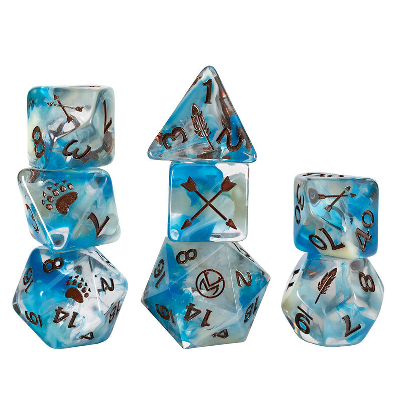 Sirius Dice: Vox Machina Adventure Dice - Vex'ahlia (PREORDER) - Set of seven blue and white marbled polyhedral dice with black numbering and engraved Vex'ahlia-themed symbols for tabletop.