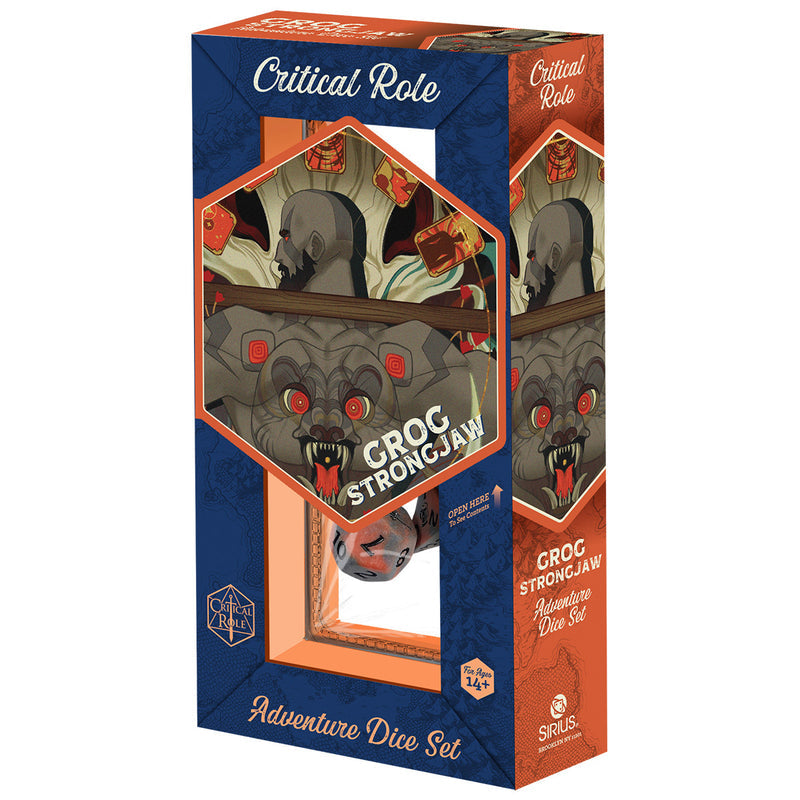 Sirius Dice: Vox Machina Adventure Dice - Grog Strongjaw (PREORDER) - Blue and orange box featuring a gray bear face design, labeled "Grog Strongjaw" adventure dice set from Critical Role.