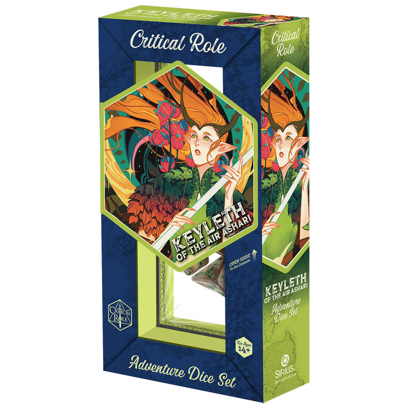 Sirius Dice: Vox Machina Adventure Dice - Keyleth (PREORDER) - Green and orange themed dice set box featuring Keyleth character art from Critical Role, labeled Sirius Dice Vox Machina.
