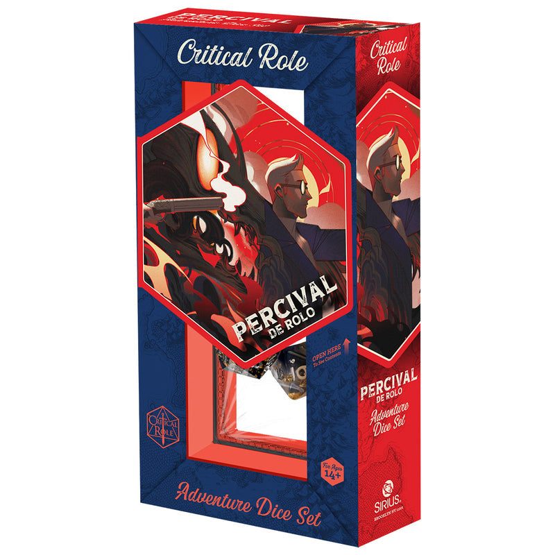Sirius Dice: Vox Machina Adventure Dice - Percival de Rolo (PREORDER) - Red and blue dice set box featuring artwork of a dark-haired character with horns and a fiery background, labeled "Percival.