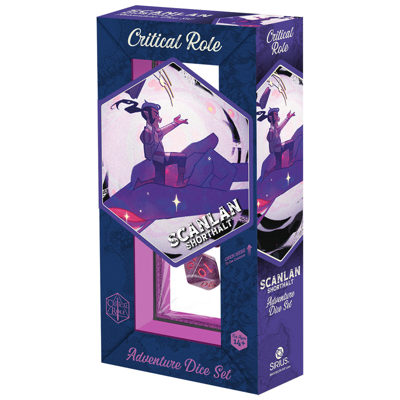 Sirius Dice: Vox Machina Adventure Dice - Scanlan Shorthalt (PREORDER) - Purple and red polyhedral dice set in a dark blue box featuring Scanlan Shorthalt artwork from Critical Role.