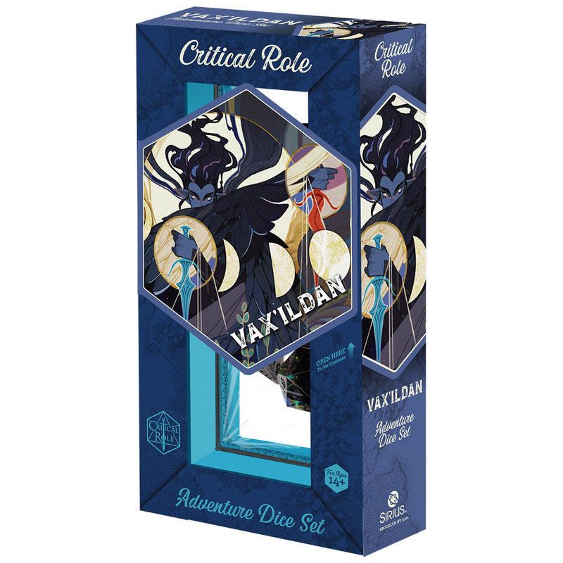 Sirius Dice: Vox Machina Adventure Dice - Grog Strongjaw (PREORDER) - Blue and gold themed Vox Machina adventure dice set box featuring stylized character artwork and "Vax’ildan" text.