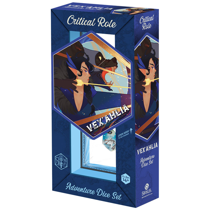 Sirius Dice: Vox Machina Adventure Dice - Vex'ahlia (PREORDER) - Blue and gold seven-die polyhedral set featuring Vex'ahlia artwork from Critical Role in a matching blue box with character.