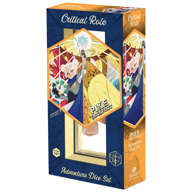 Sirius Dice: Vox Machina Adventure Dice - Pike Trickfoot (PREORDER) - Hexagonal box packaging with colorful fantasy artwork of Pike Trickfoot holding a glowing staff, labeled "Pike Trickfoot".