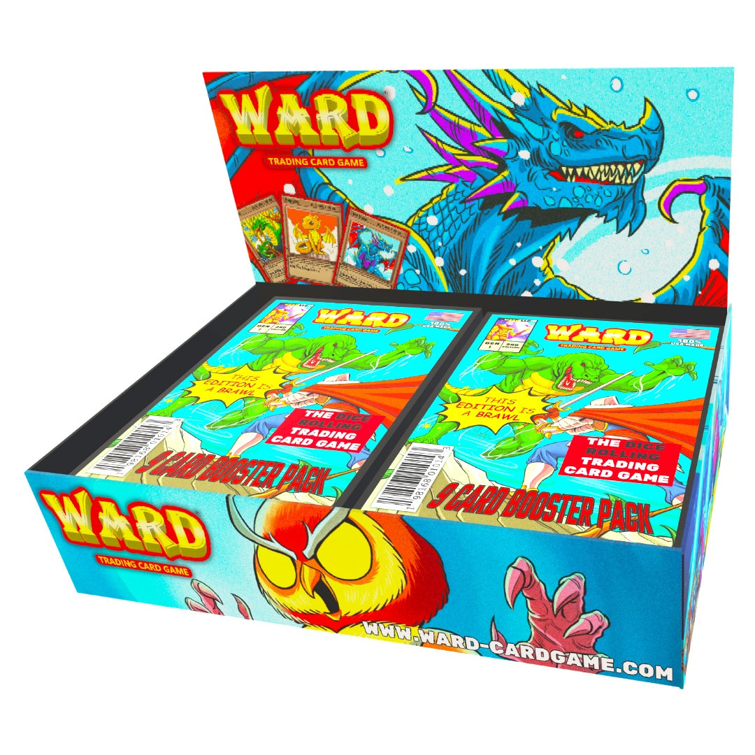 Ward TCG: Generation 1 Edition 2 Booster Box - Brightly colored Ward TCG booster box with dragon artwork and two visible booster packs inside.