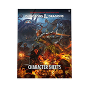 Dungeons & Dragons: Character Sheets 2024 - Dungeons & Dragons character sheets with dark fantasy artwork featuring adventurers and monsters in fiery battle scene.