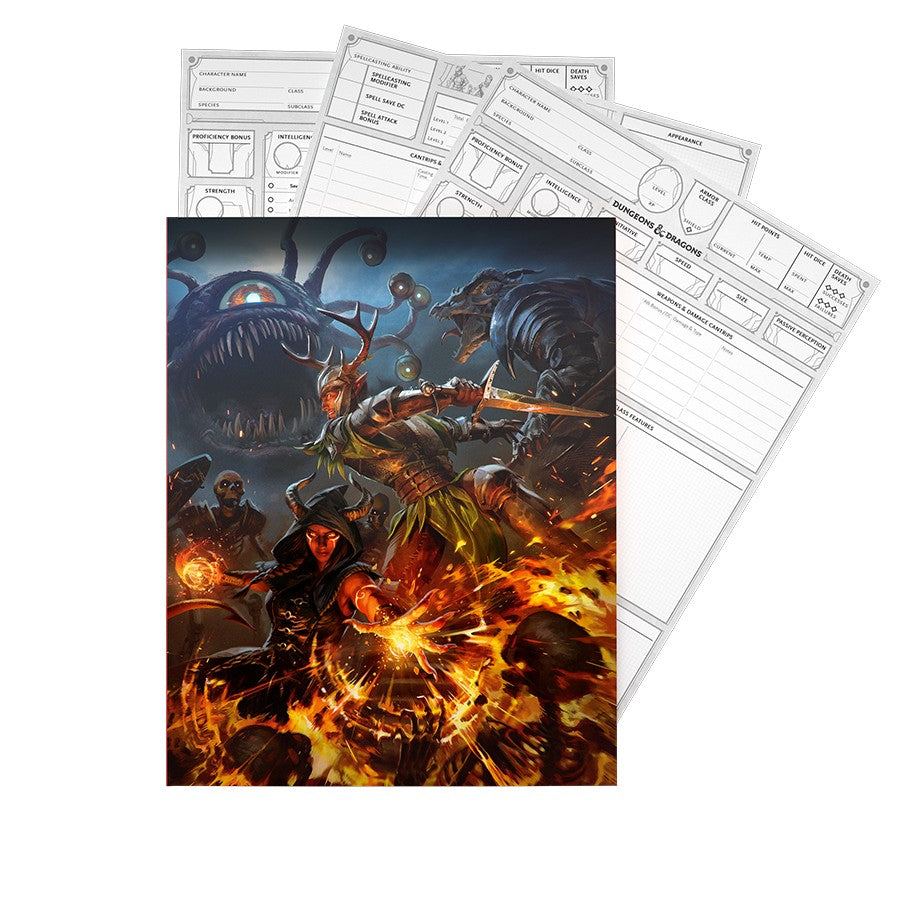 Dungeons & Dragons: Character Sheets 2024 - Dungeons & Dragons character sheets pack with colorful fantasy art cover depicting battle scene with monsters and.