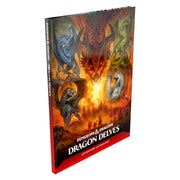 Dungeons & Dragons: Dragon Delves - Hardcover book with fiery dragon artwork on the cover, featuring red, orange, and black tones and fantasy creatures around.