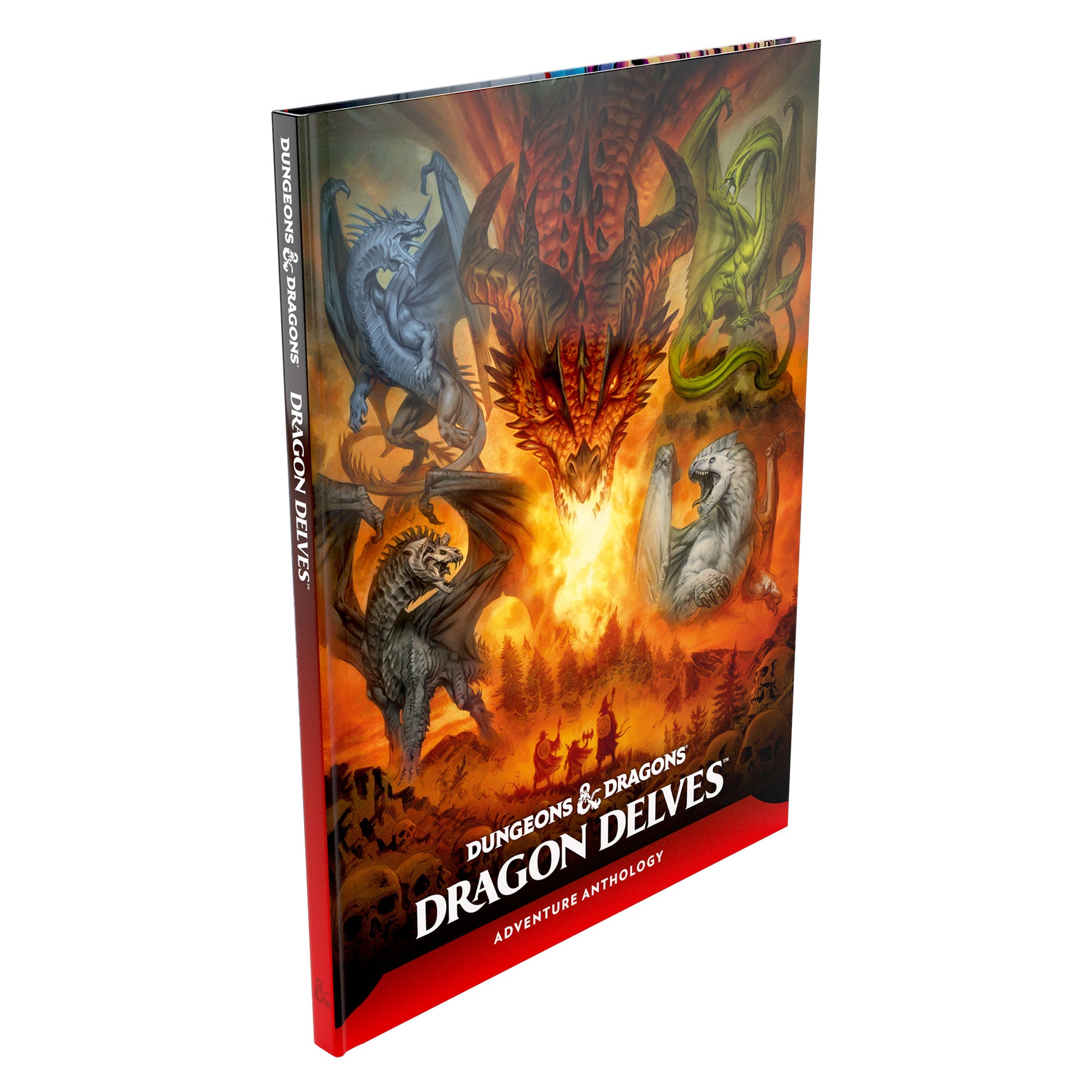 Dungeons & Dragons: Dragon Delves - Hardcover book with fiery dragon artwork on the cover, featuring red, orange, and black tones and fantasy creatures around.