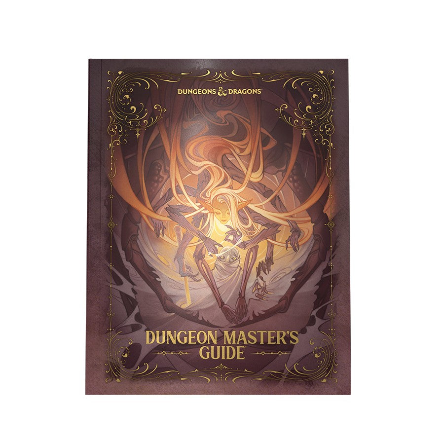 Dungeons & Dragons: Dungeon Masters Guide Alternate Cover 2024 - Dark maroon hardcover with intricate gold detailing and a fiery orange dragon illustration, titled Dungeon Masters Guide.