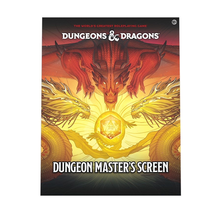 Dungeons & Dragons: Dungeon Masters Screen 2024 - Dungeons & Dragons Dungeon Masters Screen 2024 with fiery red and gold dragon artwork and glowing central die design.