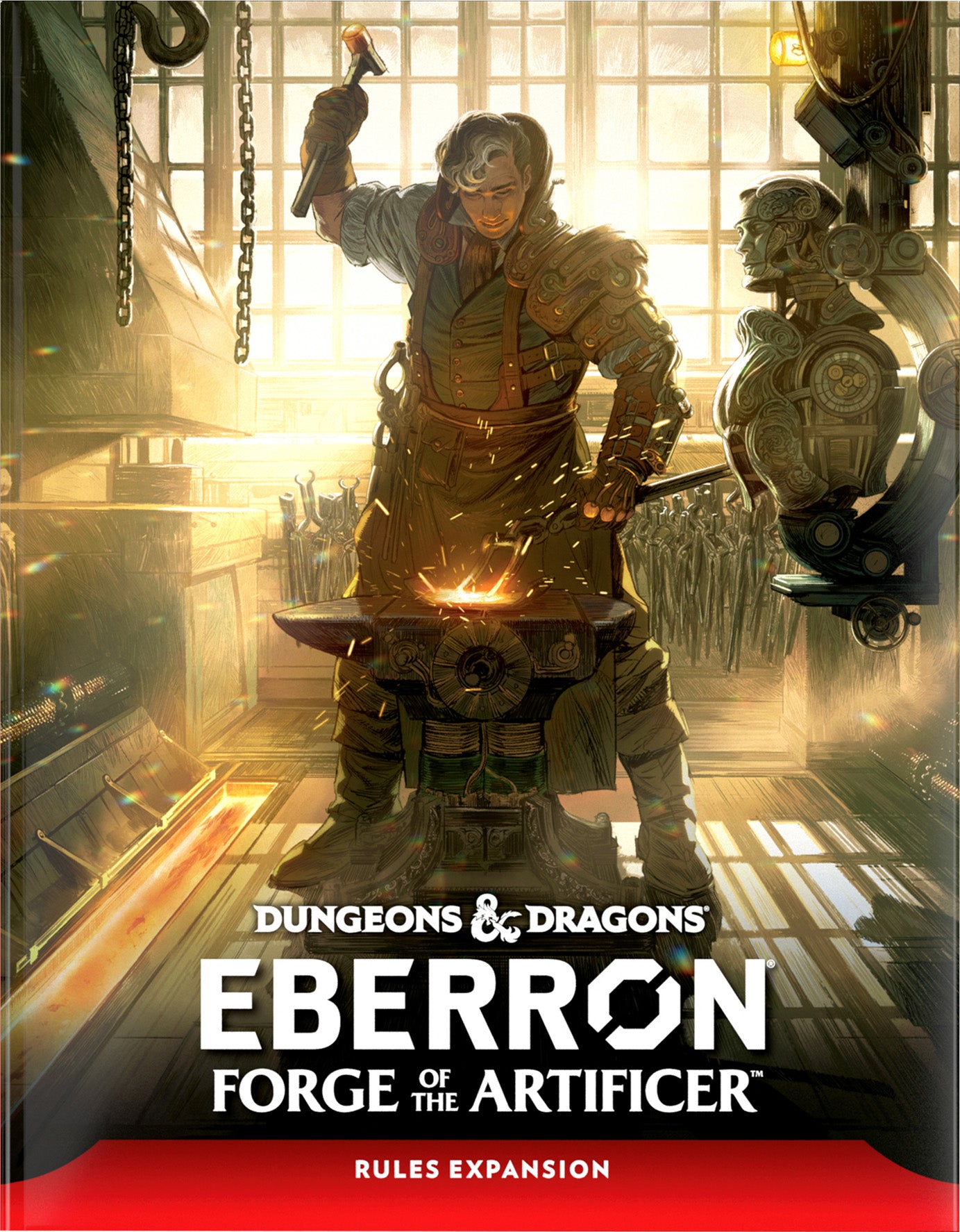 Dungeons & Dragons Eberron: Forge of the Artificer - Forge of the Artificer book cover featuring an armored figure forging metal in a glowing workshop with mechanical constructs.