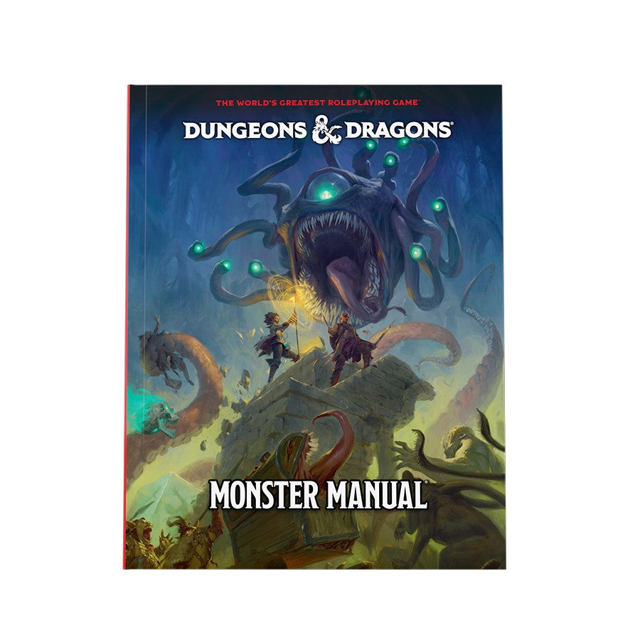 Dungeons & Dragons: Monster Manual 2024 - Dark fantasy book cover with a large glowing-eyed sea monster looming over a lone adventurer, titled Dungeons & Dragons.