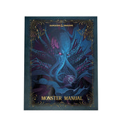 Dungeons & Dragons: Monster Manual Alternate Cover 2024 - Dark blue hardcover book with intricate gold filigree and a glowing blue octopus-like creature on the cover, titled Monster.