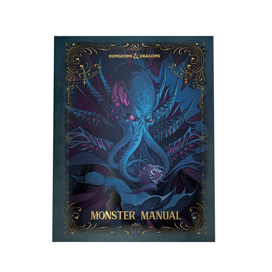Dungeons & Dragons: Monster Manual Alternate Cover 2024 - Dark blue hardcover book with intricate gold filigree and a glowing blue octopus-like creature on the cover, titled Monster.