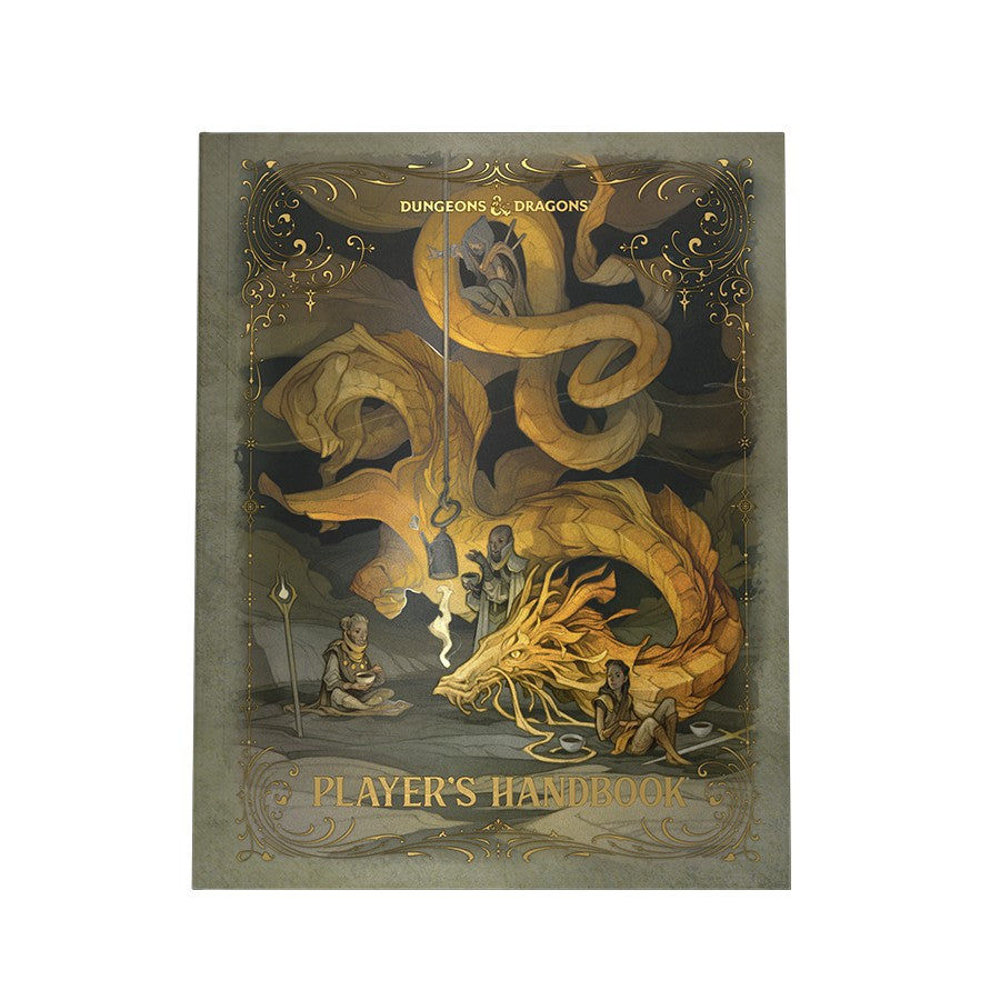 Dungeons & Dragons: Players Handbook Alternate Cover 2024 - Dark fantasy RPG book cover featuring a golden dragon coiled around torches and adventurers, with ornate gold accents and.