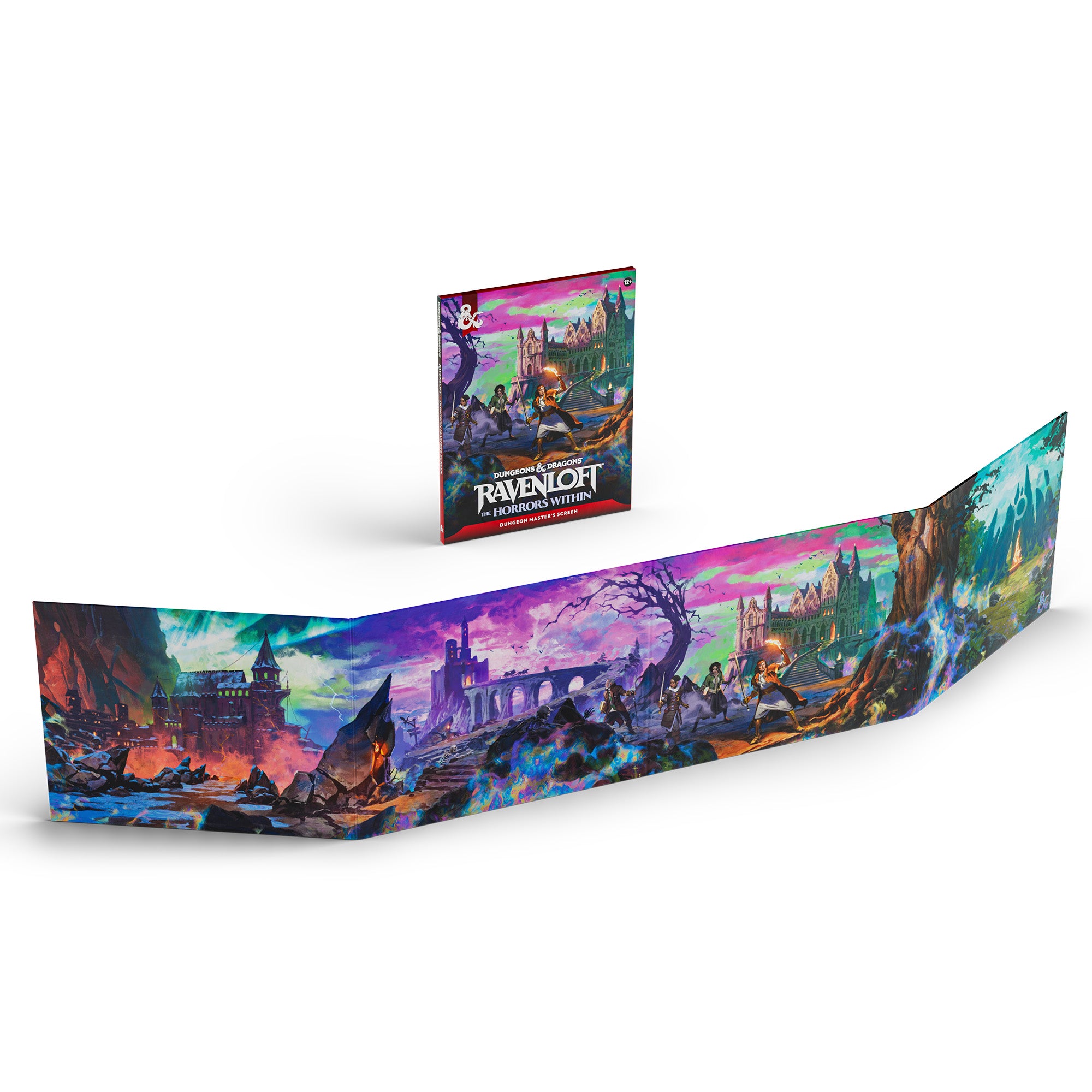 Dungeons & Dragons: Ravenloft - The Horrors Within Dungeon Masters Screen (PREORDER) - Folded dungeon master screen with vibrant fantasy artwork featuring gothic castles, eerie forests, and ominous skies in.