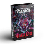 Dungeons & Dragons: Ravenloft - The Horrors Within Tarokka Deck (PREORDER) - Dark gothic tarot deck box with red and purple intricate demonic artwork and bold white "Dungeons & Dragons Ravenloft" text.