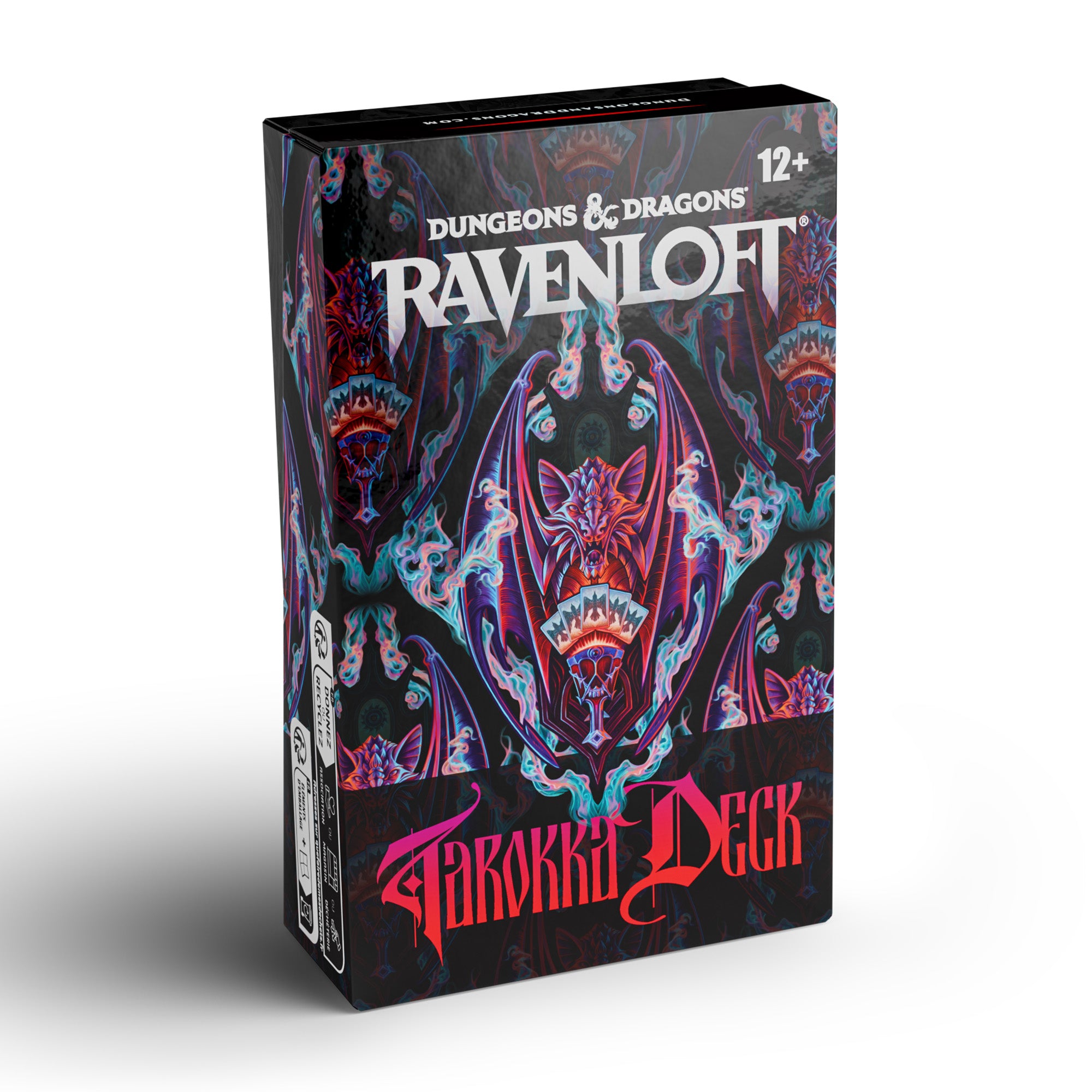 Dungeons & Dragons: Ravenloft - The Horrors Within Tarokka Deck (PREORDER) - Dark gothic tarot deck box with red and purple intricate demonic artwork and bold white "Dungeons & Dragons Ravenloft" text.
