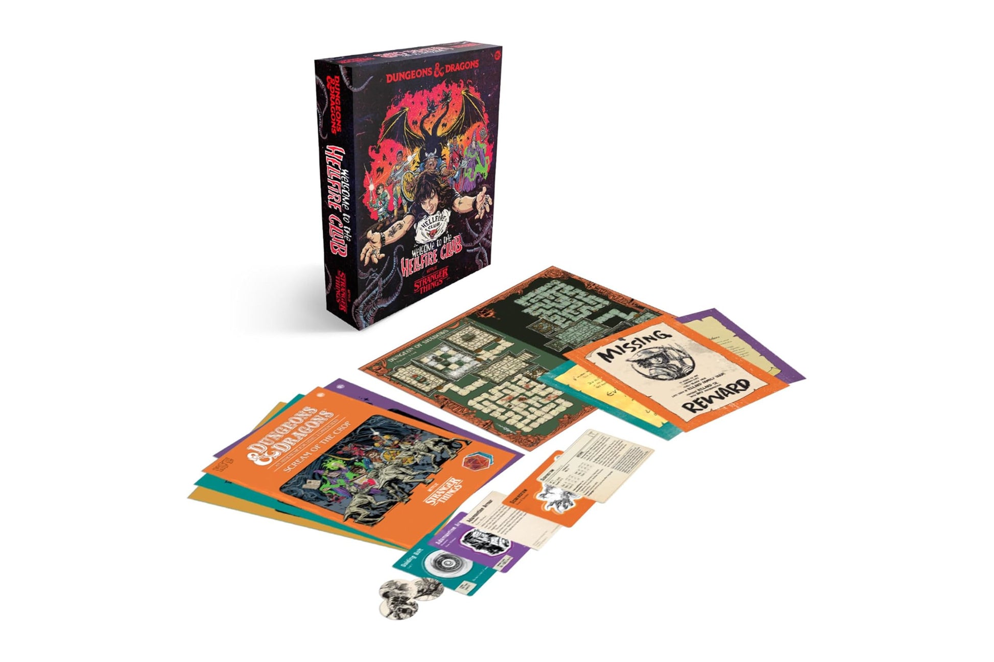 Dungeons & Dragons: Stranger Things - Welcome to the Hellfire Club - Dungeons & Dragons Stranger Things game box with illustrated cover and various colorful game sheets and tokens displayed in.