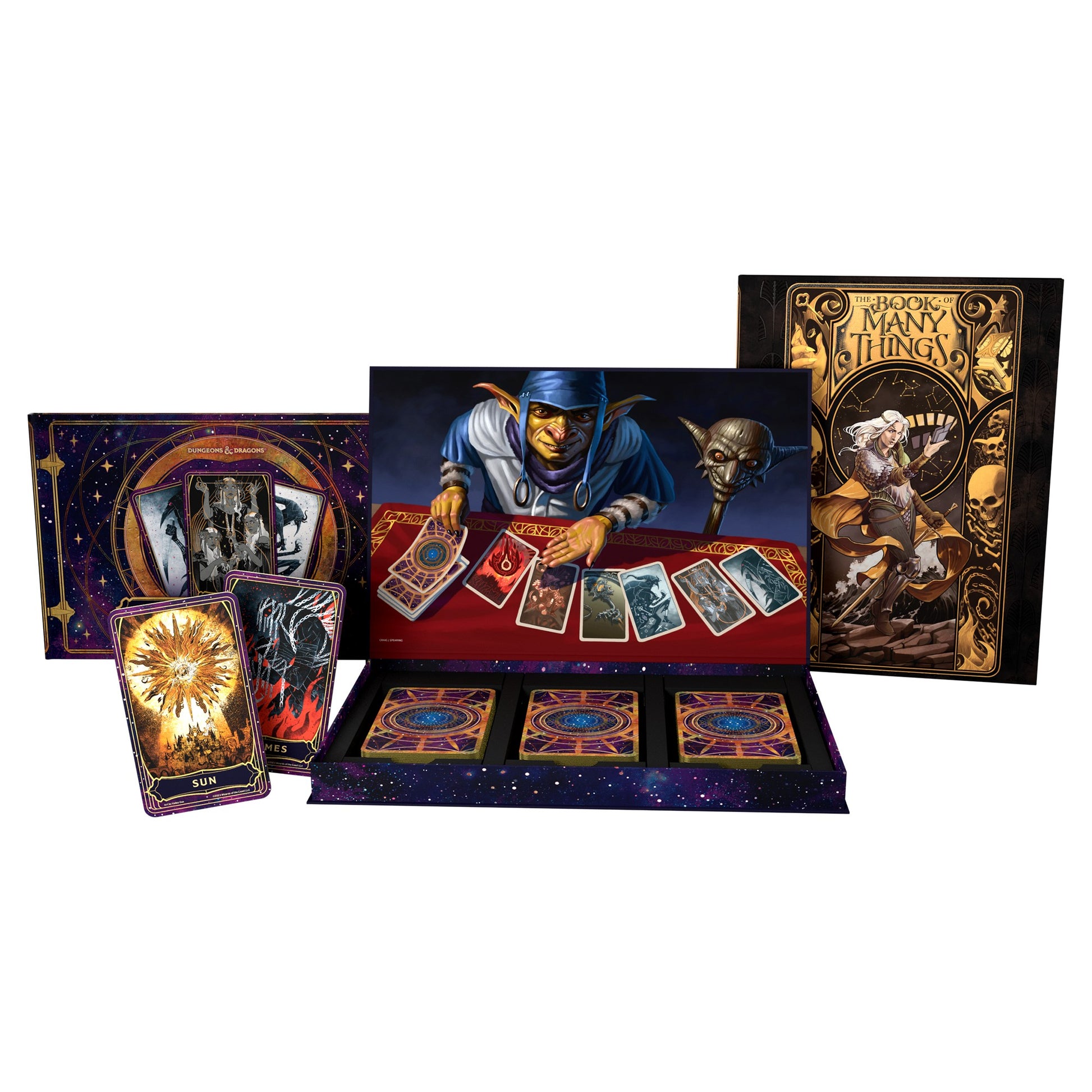 D&D 5th Edition: Deck of Many Things Alternate Cover - D&D Deck of Many Things alternate cover with colorful tarot-style cards featuring fantasy artwork and a dark, detailed box.
