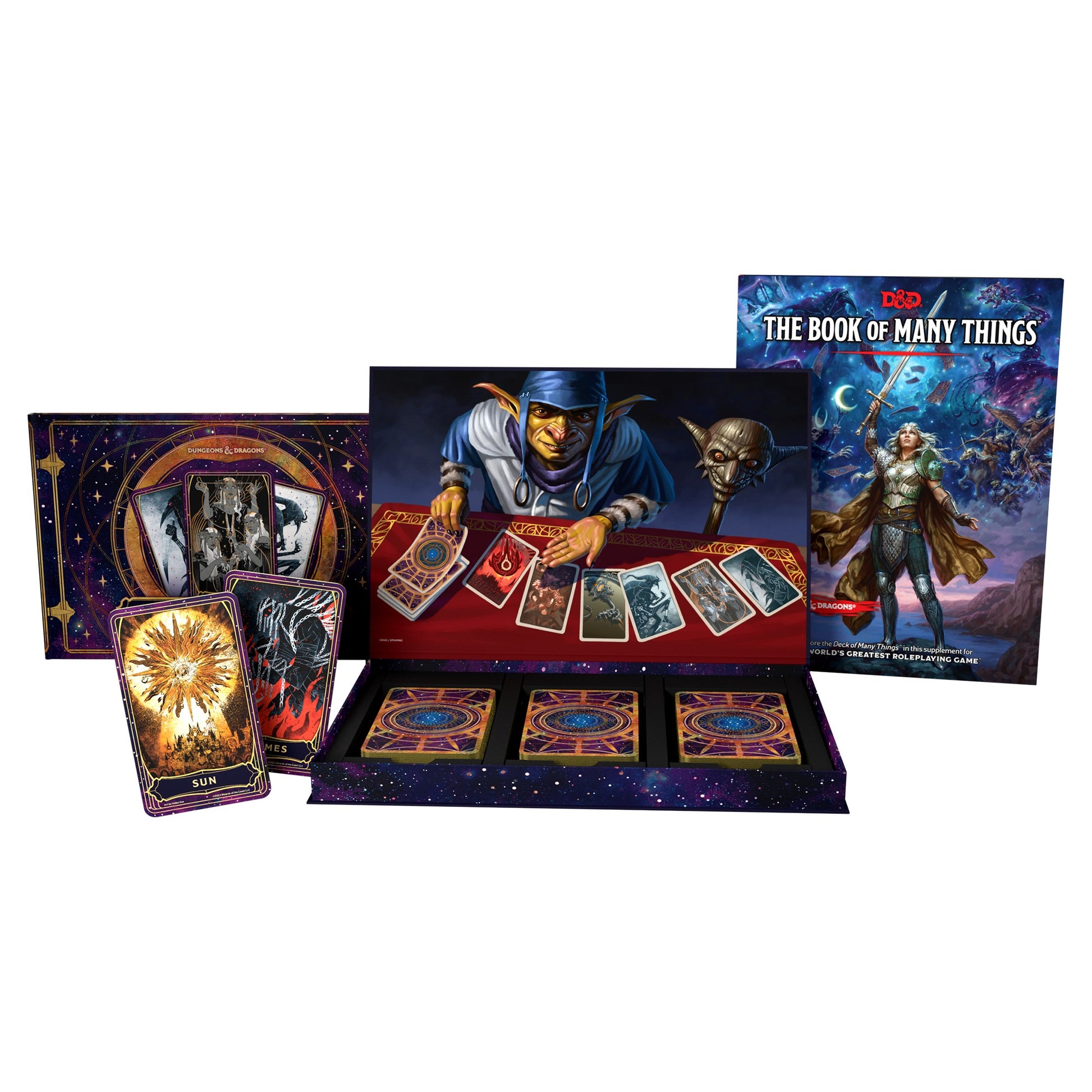 D&D 5th Edition: Deck of Many Things - Deck of Many Things with richly illustrated tarot-style cards, display box depicting a wizard, and accompanying rulebook.