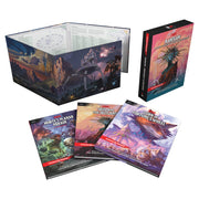 Dungeons & Dragons 5th Edition: Planescape: Adventures in the Multiverse - Black and red hardcover rulebook with a dark, fantasy-themed cover and four colorful softcover supplements featuring vibrant