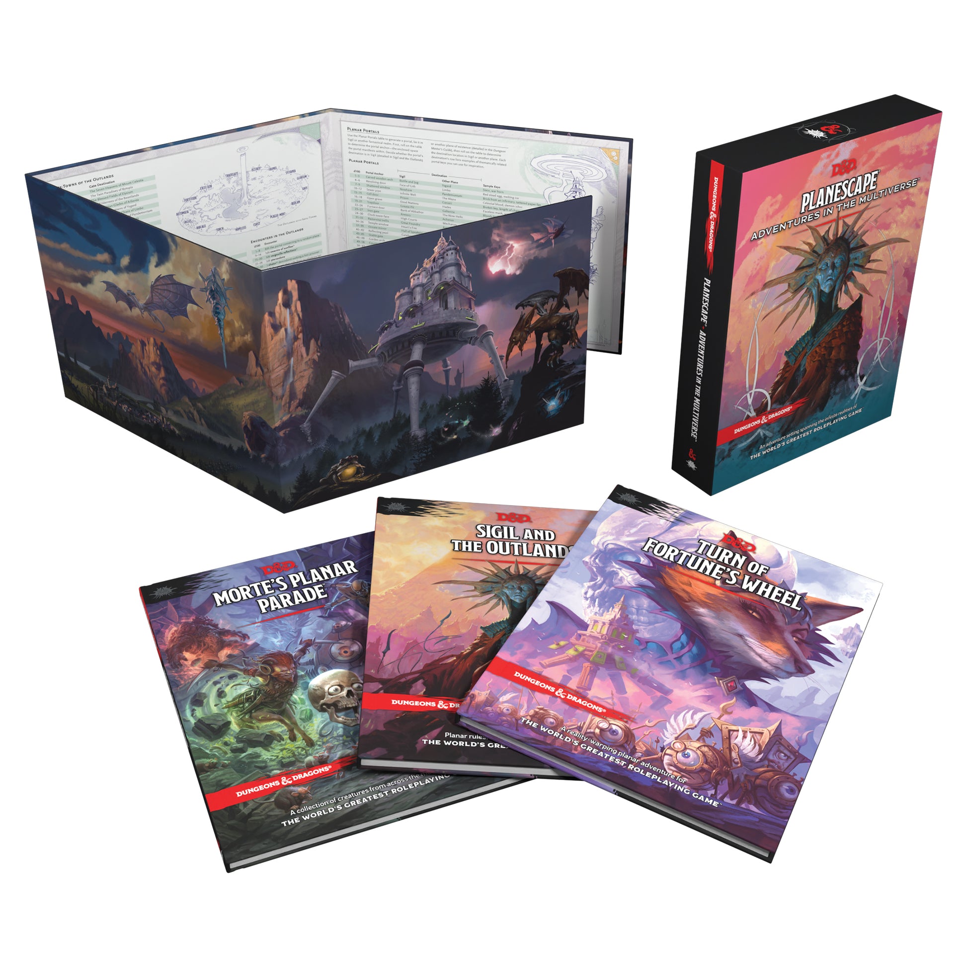 Dungeons & Dragons 5th Edition: Planescape: Adventures in the Multiverse - Black and red hardcover rulebook with a dark, fantasy-themed cover and four colorful softcover supplements featuring vibrant