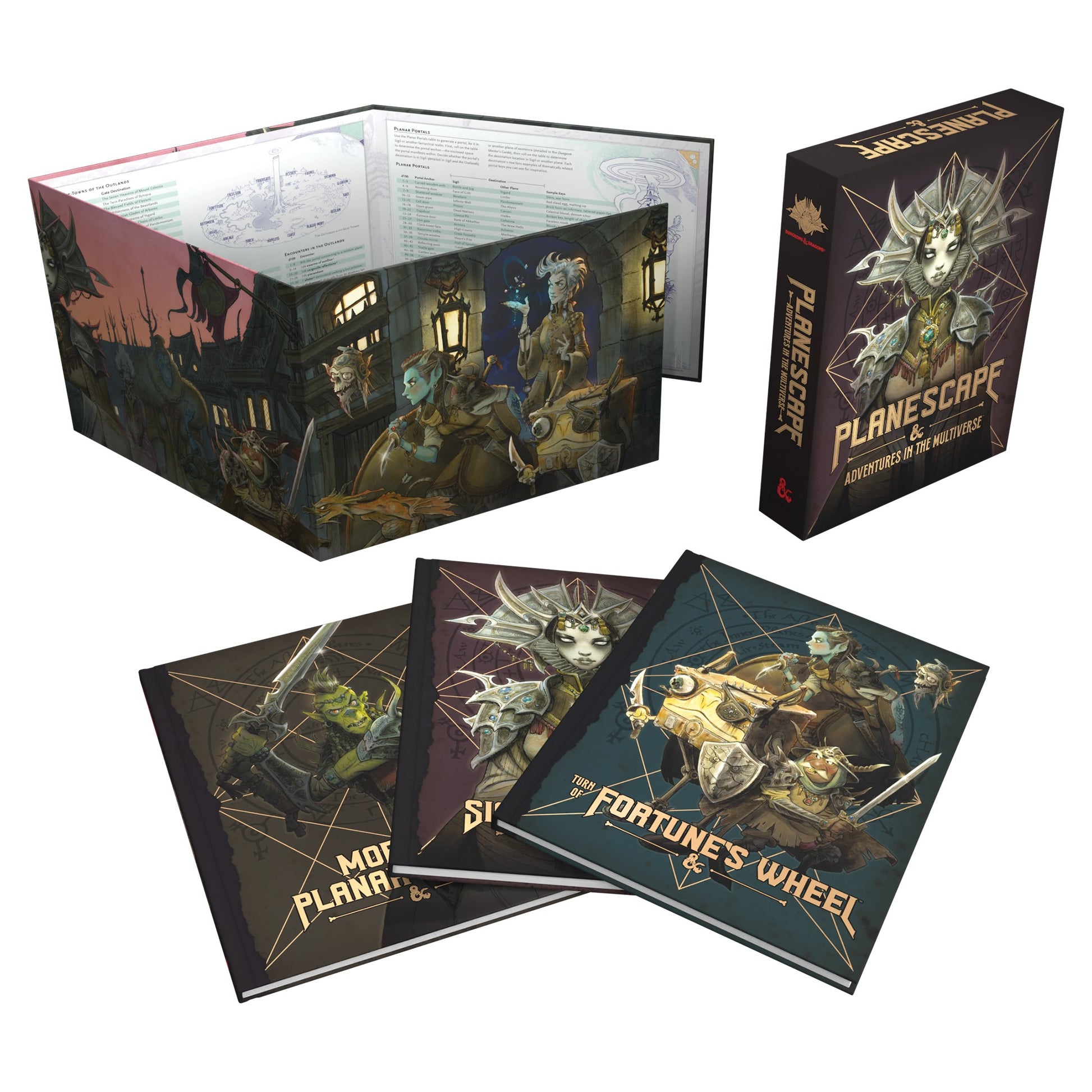 Dungeons & Dragons 5th Edition: Planescape: Adventures in the Multiverse Alt Cover - Dungeons & Dragons Planescape set with a colorful three-panel game screen featuring medieval fantasy artwork, a hardcover.