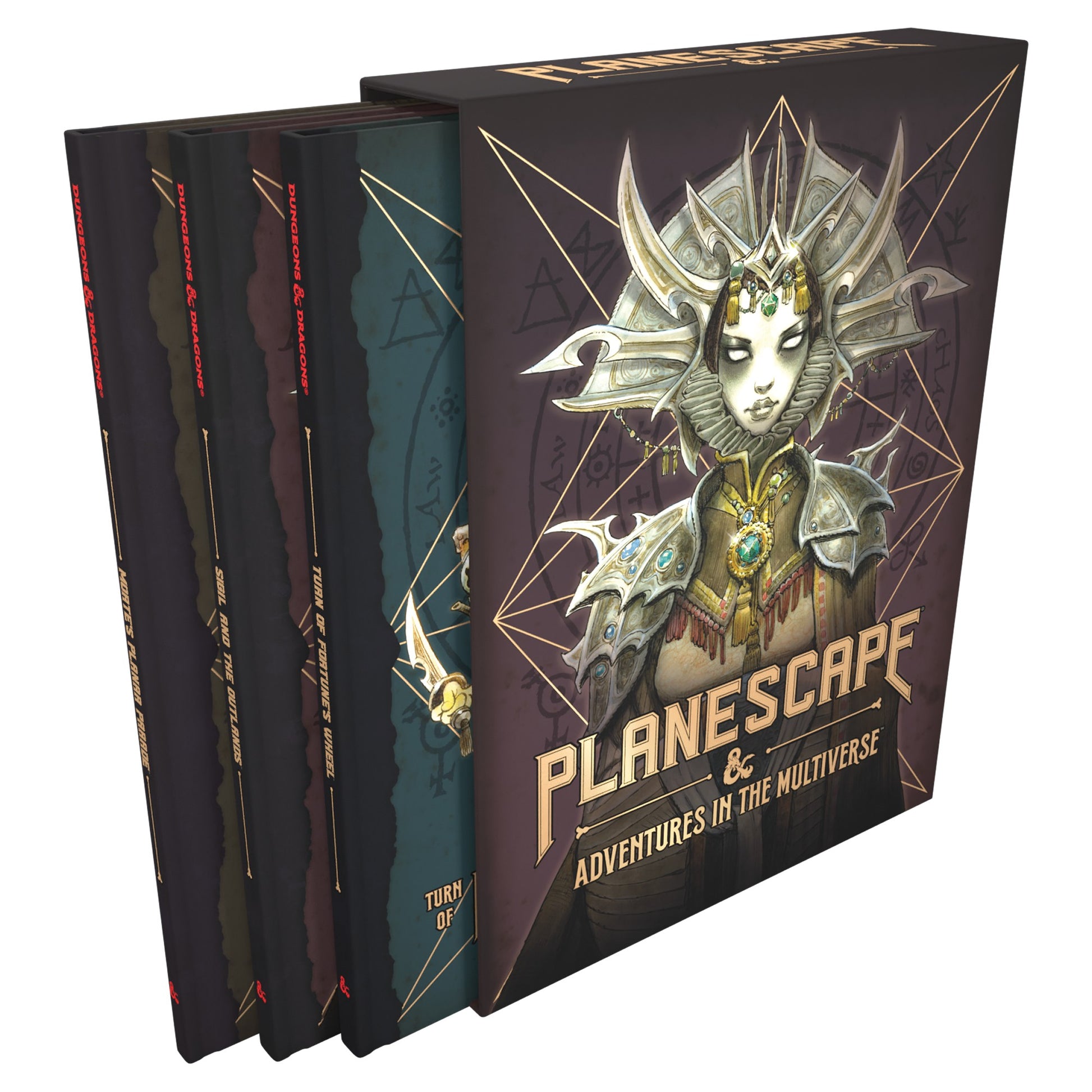 Dungeons & Dragons 5th Edition: Planescape: Adventures in the Multiverse Alt Cover - Set of four hardcover Dungeons & Dragons books with dark fantasy art, featuring an armored celestial figure on the front.