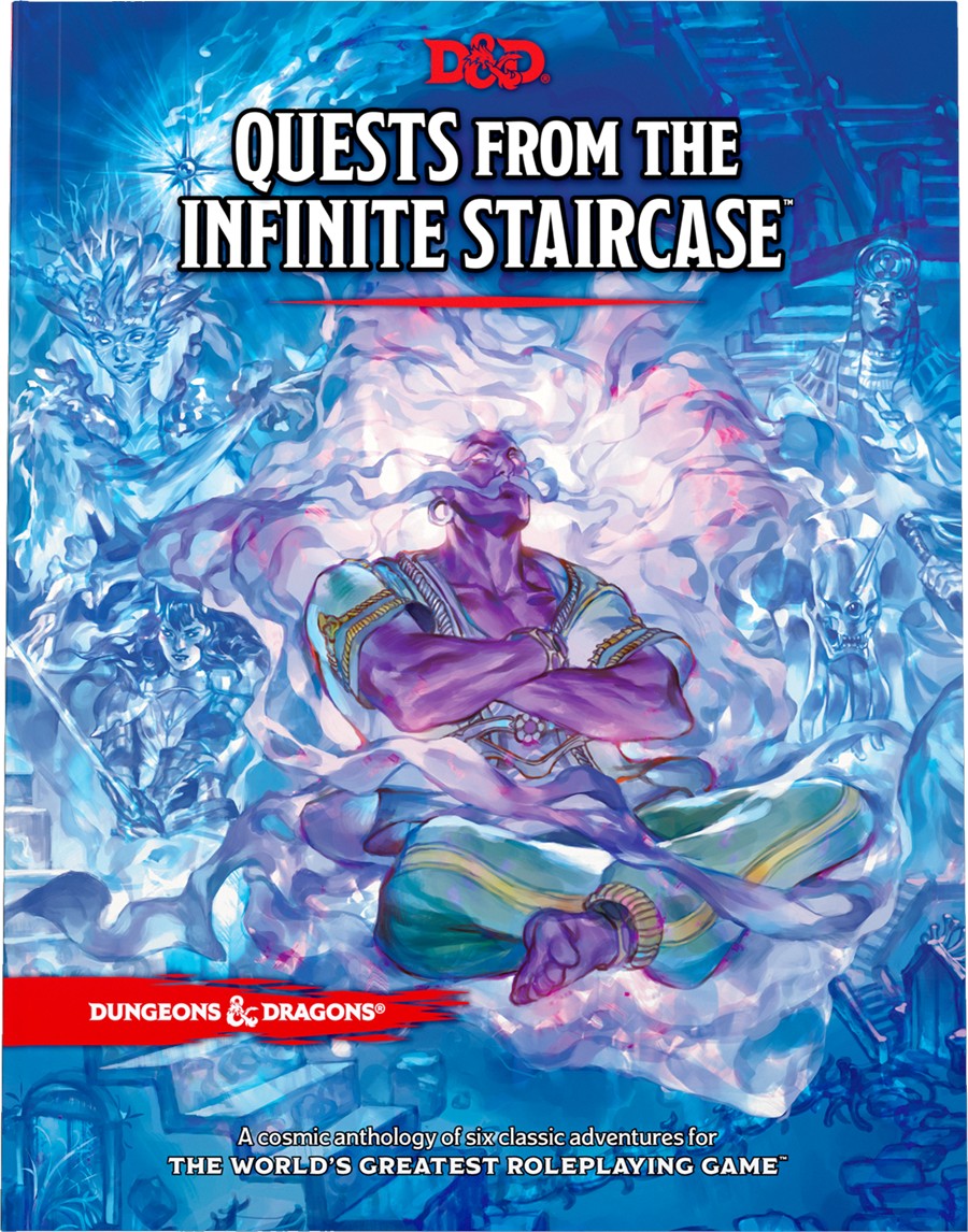Dungeons & Dragons 5E: Quests from the Infinite Staircase - Dungeons & Dragons 5E book with a purple, mystical figure meditating amidst swirling blue and white magical staircases on.