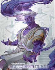 Dungeons & Dragons 5E: Quests from the Infinite Staircase (Alternate Cover) - Purple-skinned humanoid with flowing silver hair and glowing eyes, wearing ornate white and gold robes against a mystical.