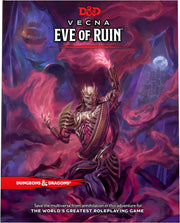 D&D: Vecna Eve of Ruin - Dark armored skeletal figure holding a glowing staff surrounded by swirling purple and red magical smoke on a fantasy game.
