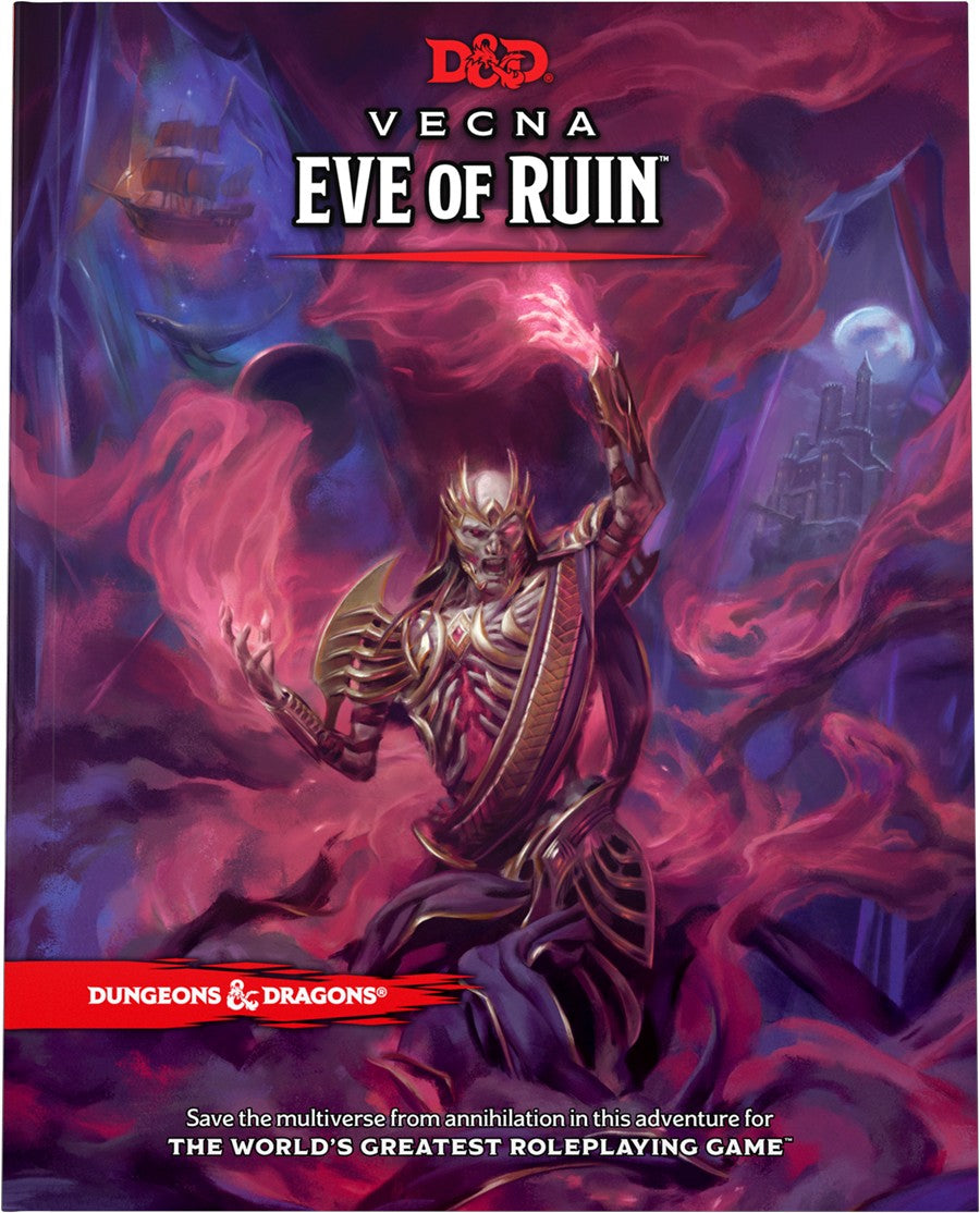 D&D: Vecna Eve of Ruin - Dark armored skeletal figure holding a glowing staff surrounded by swirling purple and red magical smoke on a fantasy game.