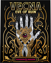 D&D: Vecna Eve of Ruin: Alternate Art Cover - Black book cover with intricate gold Celtic designs and a detailed skeletal hand adorned with gold armor holding a purple.
