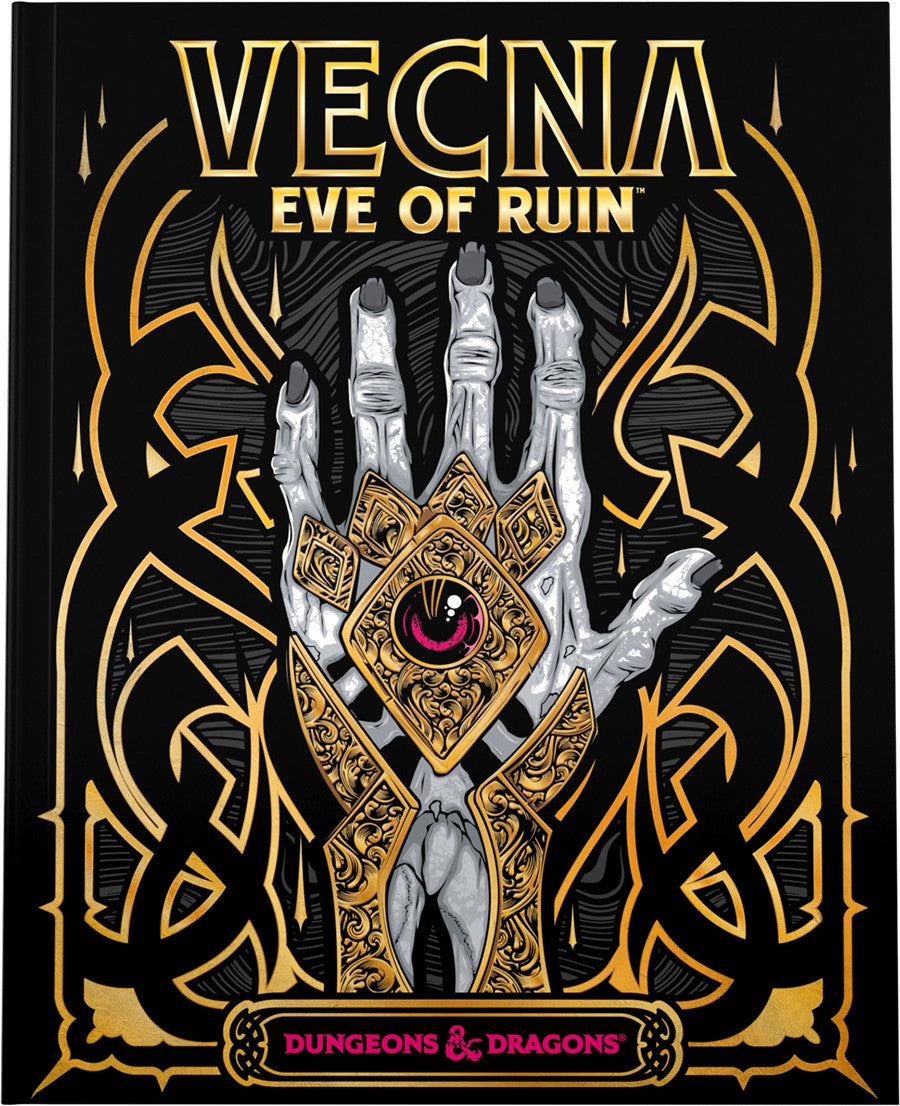 D&D: Vecna Eve of Ruin: Alternate Art Cover - Black book cover with intricate gold Celtic designs and a detailed skeletal hand adorned with gold armor holding a purple.